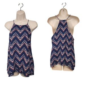 Paper Crane Womens Halter Neck Sleeveless Blouse Top Size Large Multicolor Navy